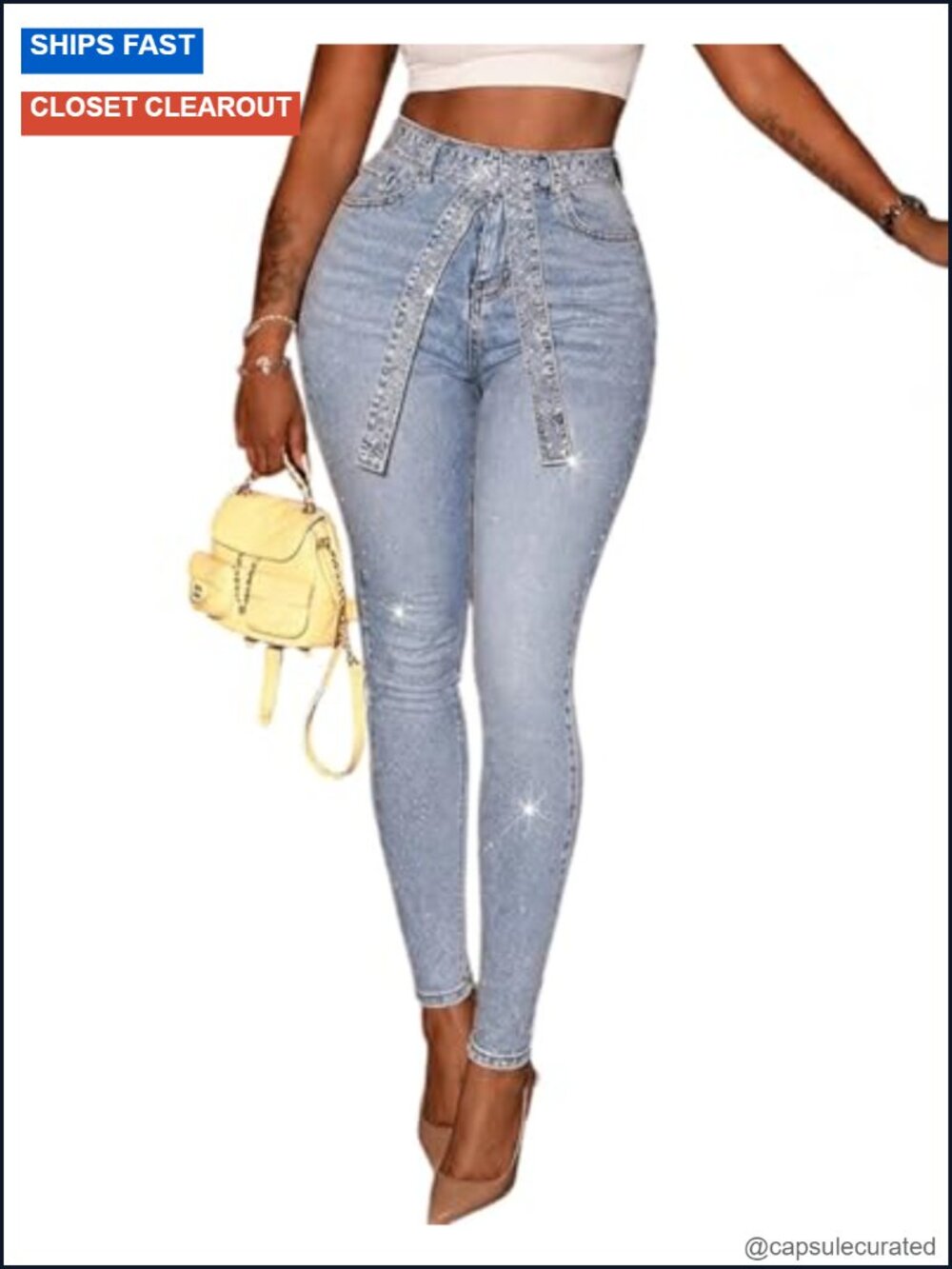 Rhinestone Skinny Jeans High Waisted Stretchy Denim with Belt Party Date Night